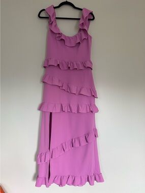 Show Me Your MUMU Pink Lilac Stretch Greta Dress Sz L Ruffles Trim Leg Slit
Midi